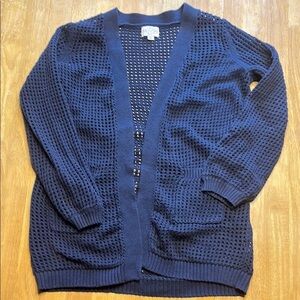 Blue Waffle Knit Cardigan Sweater with V-Neck